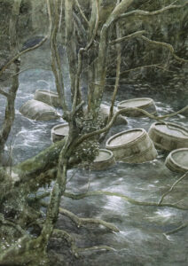 the barrels turned and twisted off down the stream © Alan Lee