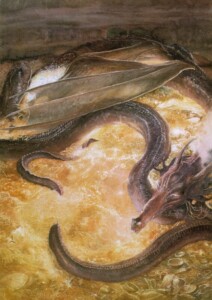 Smaug lay with wings folded like an immeasurable bat © Alan Lee